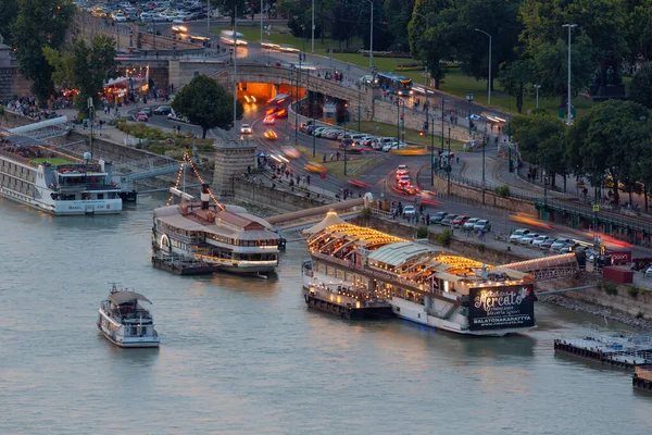 Aerial view Budapest along Danube with several moored party ships — Stock Photo, Image