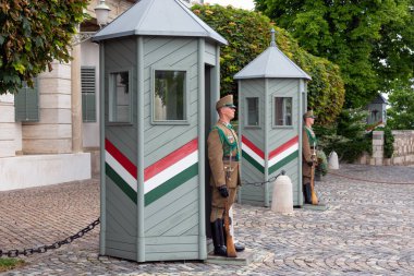 Macaristan Cumhurbaşkanlığı Sandor Sarayı 'nın önündeki muhafızlar Budapeşte