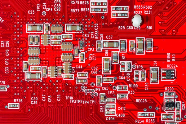 Detaily elektronického obvodu a čipů na počítačové video kartě — Stock fotografie