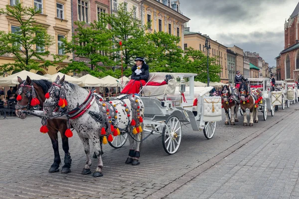 Carros de caballos en la plaza principal de Cracovia — Foto de Stock