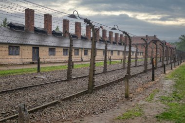 Auschwitz toplama kampı binaları bij dikenli teli çevreledi