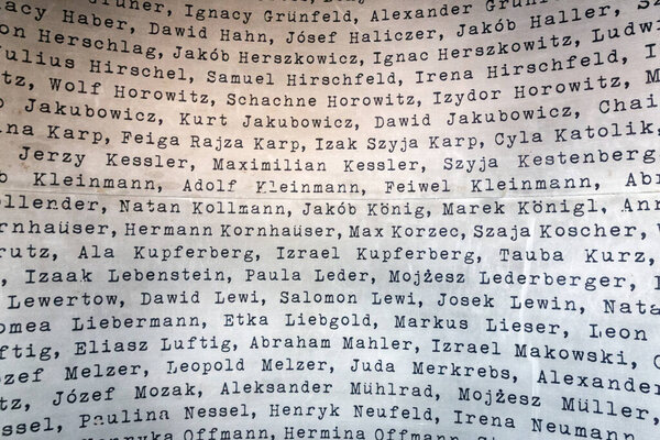 Memorial wall with names Jewish people saved bij Oskar Schindler