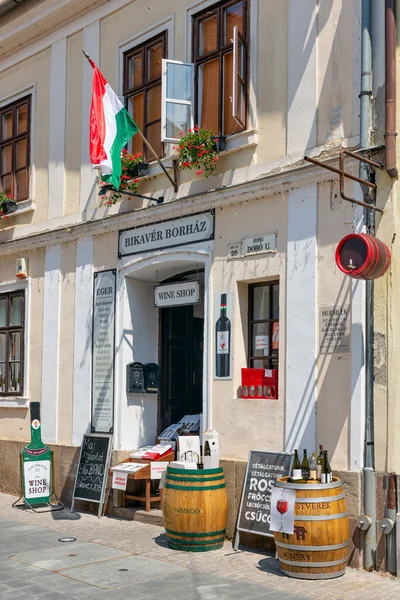 Wijnwinkels centrum middeleeuwse stad Eger, Hongarije — Stockfoto