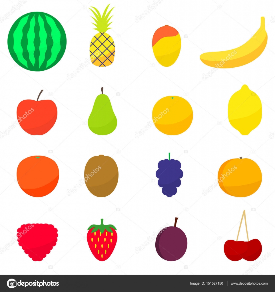 Illustrazione vettoriale di un insieme di frutti colorati Isolato su priorit  bassa bianca Una collezione di icone Stile piano — Vettoriali di Gerakot
