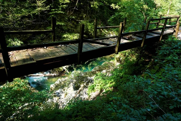 Träbro över Vintgar Gorge — Stockfoto