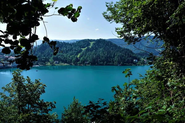 Utsikt över sjön Bled och kullarna — Stockfoto