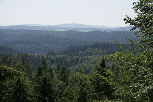Widok na zielony i pagórkowaty krajobraz w pobliżu Hrensko Czeskiej Szwajcarii — Zdjęcie stockowe