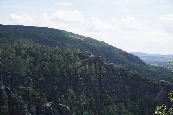 Piękne piaskowcowe formacje skalne przed lasem w Szwajcarii Saksońskiej — Zdjęcie stockowe