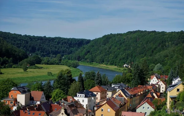 Stadt Wehlen ドイツのエルベ川と住宅を見下ろす — ストック写真