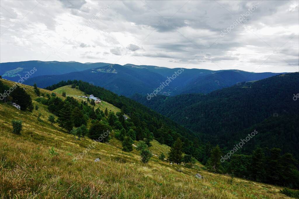View from the foot of Le Hohneck over the hilly landscape of the Vosges, France