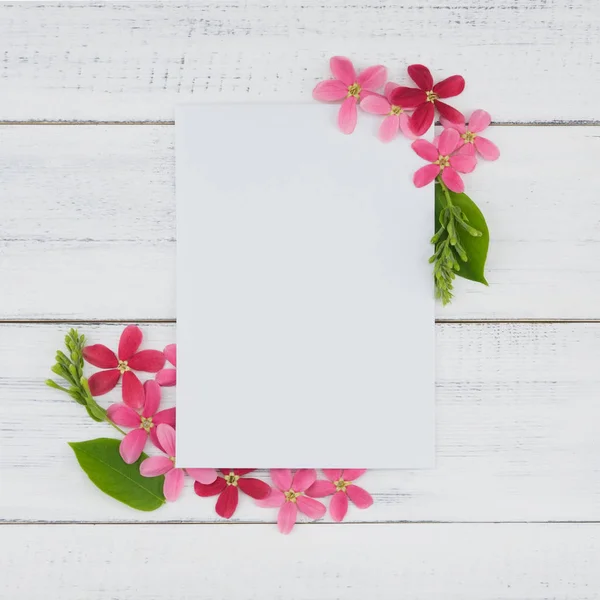 ピンクと赤の花で飾られた白いカード — ストック写真