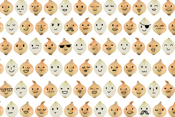Onions pattern with cartoon faces isolated on white background