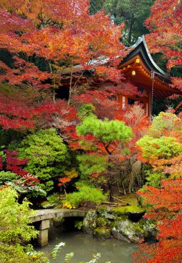 Kırmızı çan kulesine kırmızı akçaağaç Bahçe Bishamondo Tapınağı'nda Ağaçlar Sonbahar, Kypto, Japonya