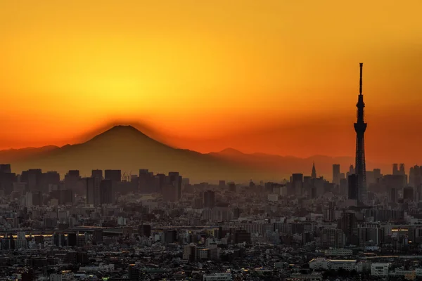 富士山と東京スカイツリー夕日 — ストック写真