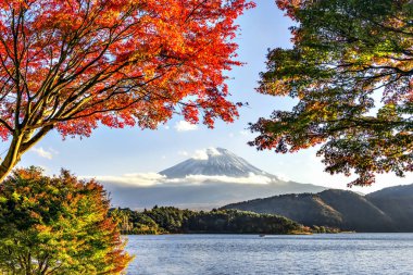 Fuji Dağı ve Kızıl Akçaağaç Sonbaharda Kawaguchiko Gölü 'nden ayrılıyor