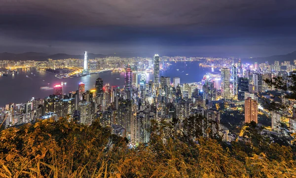 Vue Panoramique Gratte Ciel Night Hong Kong Bâtiments Autour Port — Photo