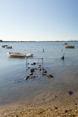 Bir yanım kıyısına yakın bir sığ ve sakin denizde yüzen tekne