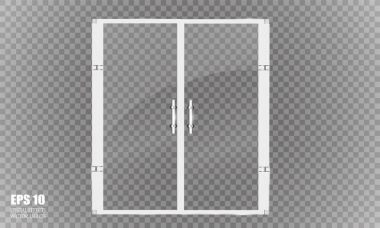 Cam kapı plastik. Kapı plastik ve cam, demir saplı. Saydam bir arka plan kapıda. Alışveriş merkezi mağaza cam kapı için Pazar ve moda butik vektör çizim.