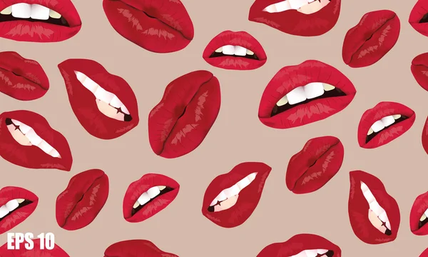 Het patroon van vrouwelijke lippen. Een set van lippen met een open mond en tanden. Een patroon van lippen tegen een lichte achtergrond. — Stockvector