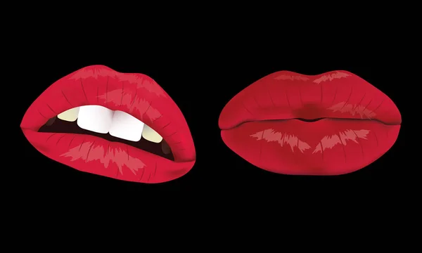 Os lábios da mulher. Lábios exuberantes como um beijo. Vermelho e amuado, Em um fundo preto . —  Vetores de Stock