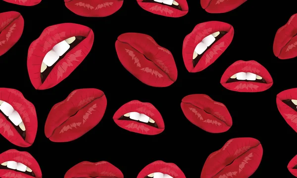Het patroon van vrouwelijke lippen. Een set van lippen met een open mond en tanden. Een patroon van lippen op een zwarte achtergrond. — Stockvector