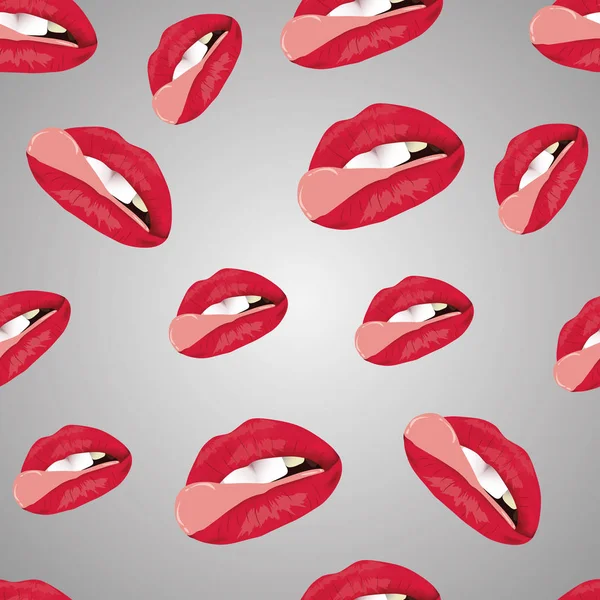 Het patroon van vrouwelijke lippen. Een set van lippen met een open mond en tanden. Een patroon van lippen tegen een lichte achtergrond. — Stockvector