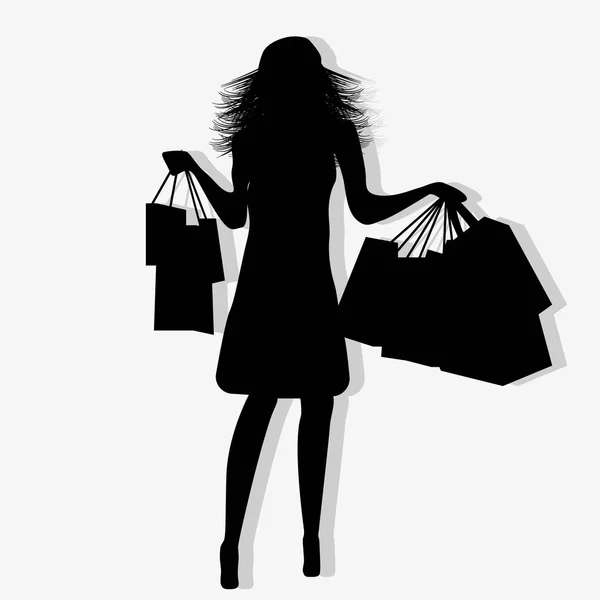 Woman with shopping bags, black tone on a light background. Women's shopping. — Stock Vector