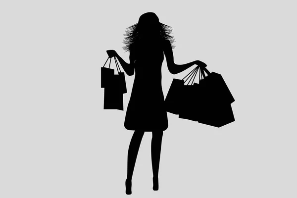 Fashionable young girl makes purchases. Black silhouette of a girl. — Stock Vector