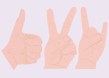 El hareketi barış işareti, sembol. Vektör çizim iki parmak bir el ve bir adamın kroki. 