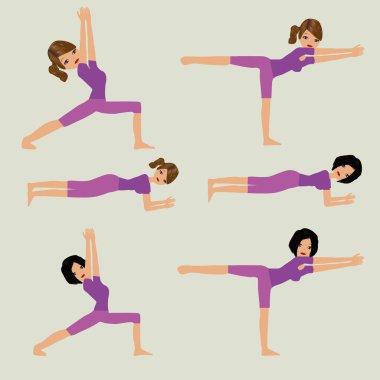 Yoga duruş egzersizleri kümesi. Vektör çizim. Jimnastik nefes. Vücut fitness.