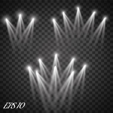 Ekose arka planda izole edilmiş sahne ışıklandırması için gerçekçi vektör parlak projektörleri seti. Özel ışık efektleri koleksiyonu