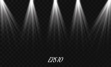 Ekose arka planda izole edilmiş sahne ışıklandırması için gerçekçi vektör parlak projektörleri seti. Özel ışık efektleri koleksiyonu