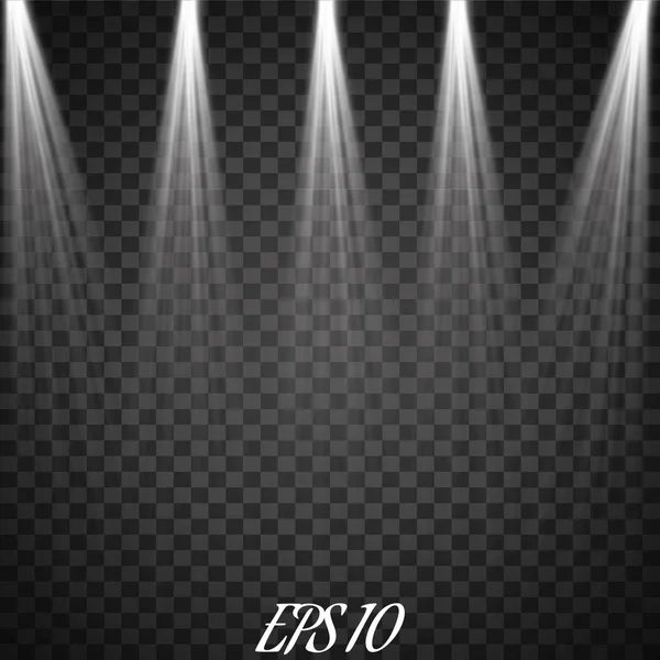 Ekose arka planda izole edilmiş sahne ışıklandırması için gerçekçi vektör parlak projektörleri seti. Özel ışık efektleri koleksiyonu — Stok Vektör