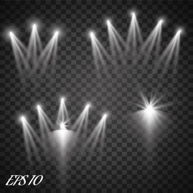 Ekose arka planda izole edilmiş sahne ışıklandırması için gerçekçi vektör parlak projektörleri seti. Özel ışık efektleri koleksiyonu