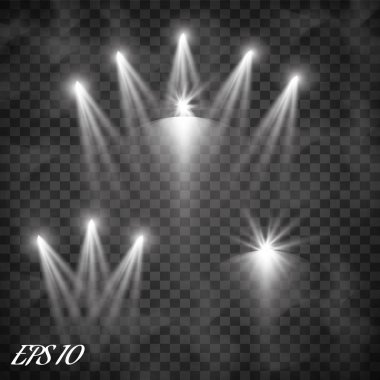 Ekose arka planda izole edilmiş sahne ışıklandırması için gerçekçi vektör parlak projektörleri seti. Özel ışık efektleri koleksiyonu