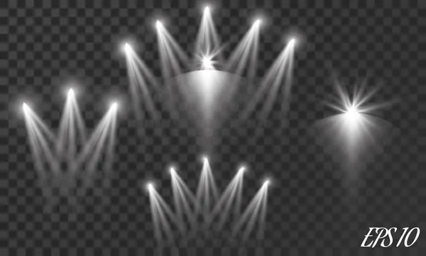 Zestaw realistycznych wektorowych jasnych projektorów do oświetlenia sceny izolowanych na tle kratownicy. Zbiór specjalnych efektów świetlnych — Wektor stockowy