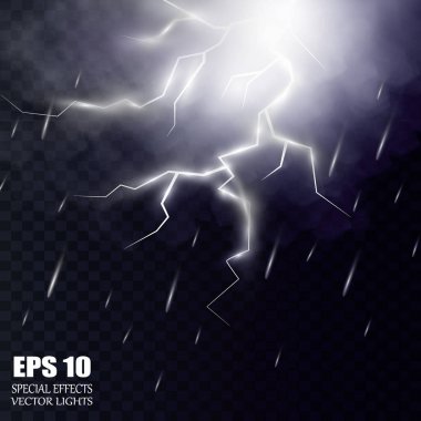 Yağmur ve beyaz bulutlu fırtına ve şimşek saydam arkaplanda izole edildi. Vektör