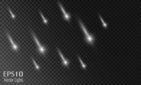 Un cometa brillante con mucho polvo. Estrella Caída. Efecto de luz brillante. Ilustración vectorial — Vector de stock