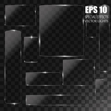 Cam tabaklar hazır. Şeffaf arkaplanda vektör cam pankartları.