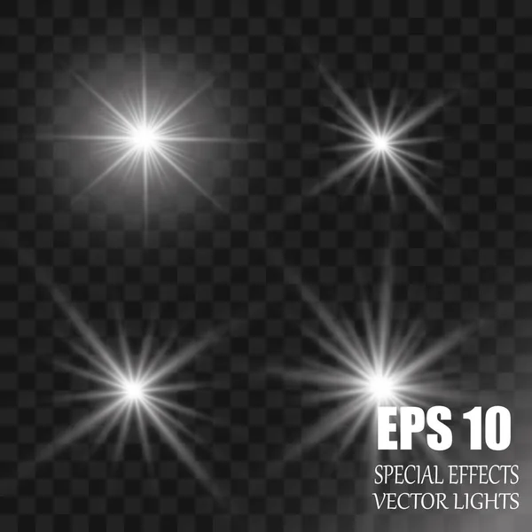 Set van Vector gloeiende lichteffect sterren barst met sparkles op transparante achtergrond. — Stockvector