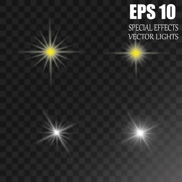 Uppsättning vektor glödande ljuseffekt stjärnor skurar med gnistrar på transparent bakgrund. — Stock vektor