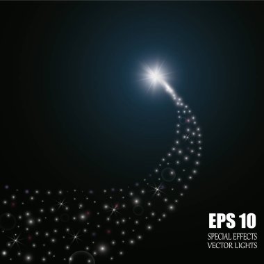 Büyük tozlu parlak bir kuyruklu yıldız. Kayan Yıldız. Parlak ışık efekti. Vektör illüstrasyonu