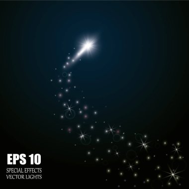 Büyük tozlu parlak bir kuyruklu yıldız. Kayan Yıldız. Parlak ışık efekti. Vektör illüstrasyonu