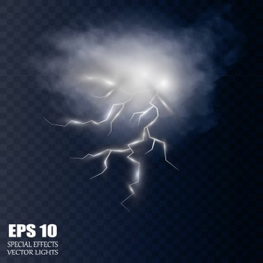Yağmur ve beyaz bulutlu fırtına ve şimşek saydam arkaplanda izole edildi. Vektör