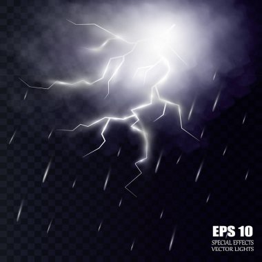 Yağmur ve beyaz bulutlu fırtına ve şimşek saydam arkaplanda izole edildi. Vektör