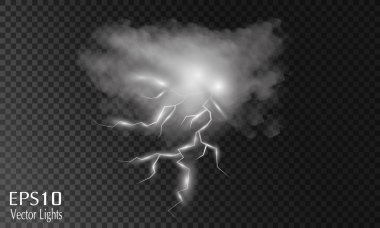 Yağmur ve beyaz bulutlu fırtına ve şimşek saydam arkaplanda izole edildi. Vektör