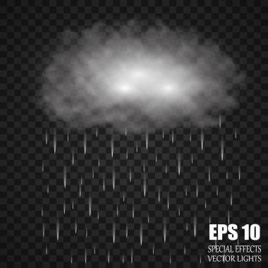 Yağmur ve beyaz bulutlu fırtına ve şimşek saydam arkaplanda izole edildi. Vektör