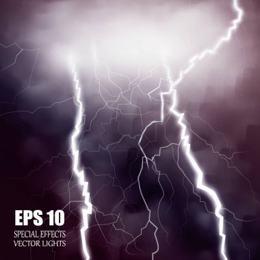 Yağmur ve beyaz bulutlu fırtına ve şimşek saydam arkaplanda izole edildi. Vektör