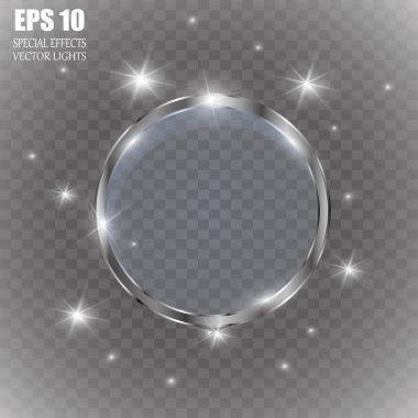 Soyut lüks krom metal halka. Vektör açık daireler ve kıvılcım ışığı efekti. Pırıl pırıl parlayan yuvarlak çerçeve şeffaf. Güneşli ve neşeli arka plan. Işıma alanı mesajın için