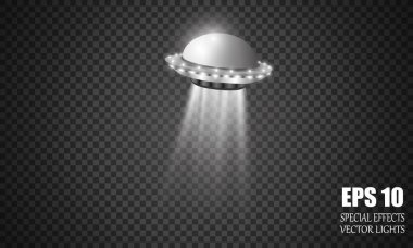 UFO ışık demeti, fütüristik uzay aracı şeffaf damalı arka plan üzerinde izole uzaylılar illüstrasyon vektör. Uçan daire taşıma karanlıkta